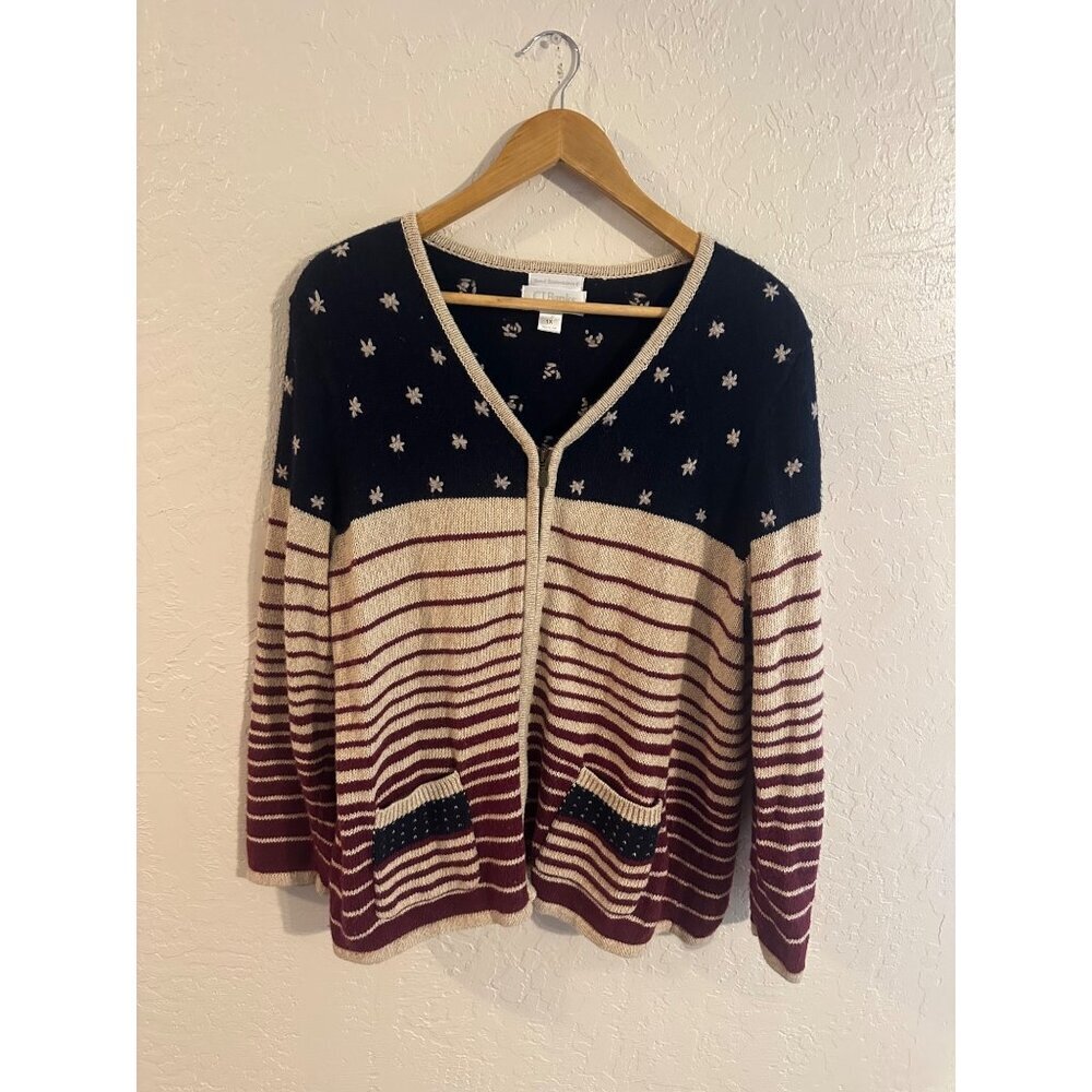 Y Vintage Grandpa Sweater American Flag Stars & Stripes Antiqued Cottage Style